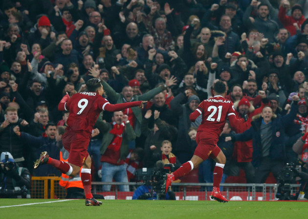 january-14-2018-liverpool-united-kingdom-alex-oxlade-chamberlain-of-liverpool-celebrates-scoring-the-first-goal-during-the-premier-league-match-at-anfield-stadium-liverpool-picture-date-14th-j