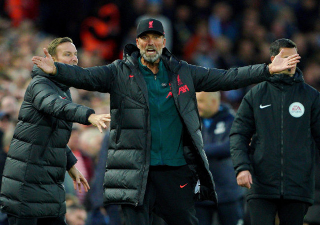 liverpool-manager-jurgen-klopp-appeals-after-mohamed-salah-is-fouled-leading-to-his-sending-off-during-the-premier-league-match-at-anfield-liverpool-picture-date-sunday-october-16-2022