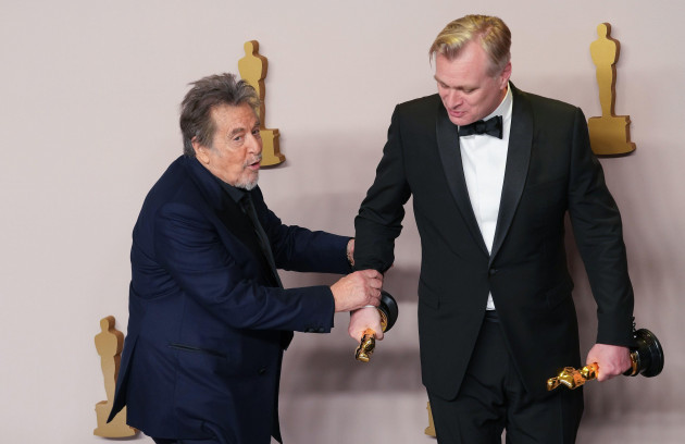 hollywood-united-states-10th-mar-2024-presenter-al-pacino-l-guides-best-picture-winner-christopher-nolan-backstage-during-the-96th-annual-academy-awards-in-los-angeles-california-on-sunday-m