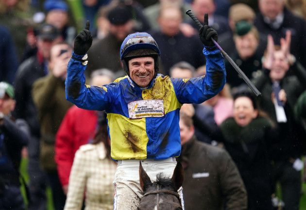 jockey-harry-skelton-celebrates-winning-the-coral-cup-handicap-hurdle-with-langer-dan-on-day-two-of-the-cheltenham-festival-at-cheltenham-racecourse-picture-date-wednesday-march-15-2023
