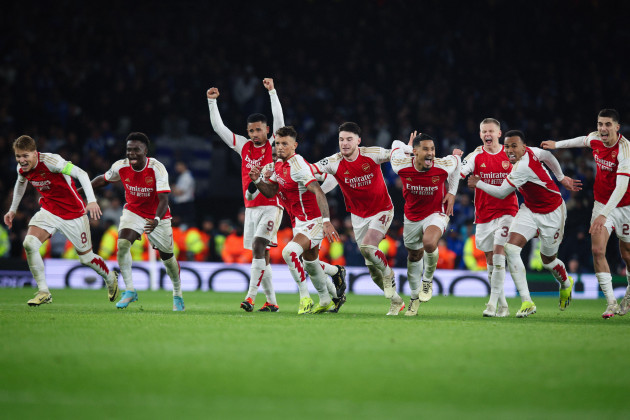 london-uk-12th-mar-2024-arsenal-players-celebrate-their-sides-victory-after-a-penalty-shoot-out-during-the-uefa-champions-league-round-of-16-second-leg-match-between-arsenal-fc-and-fc-porto-at-em
