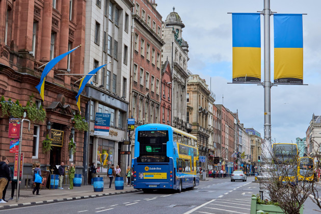 dublin-ireland-june-19-2022-city-center-decorated-with-ukrainian-flags-by-dublin-city-council-supporting-the-people-of-ukraine-protest-against-russian-invasion-on-ukraine-stand-with-ukraine