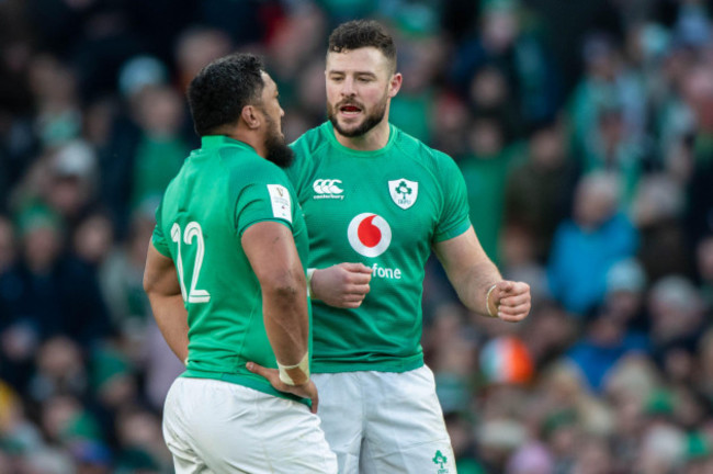 dublin-ireland-19th-mar-2023-bundee-aki-of-ireland-and-robbie-henshaw-of-ireland-during-the-guinness-six-nations-round-5-match-between-ireland-and-england-at-aviva-stadium-in-dublin-ireland-on-ma