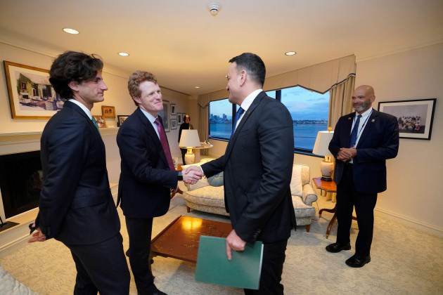 taoiseach-leo-varadkar-centre-is-greeted-by-joe-kennedy-iii-second-left-and-jack-schlossberg-the-only-grandson-of-john-f-kennedy-left-as-he-arrives-at-the-president-john-f-kennedy-library-p