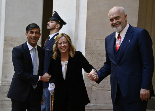 231217-rome-dec-17-2023-xinhua-british-prime-minister-rishi-sunak-l-albanian-prime-minister-edi-rama-r-and-italian-prime-minister-giorgia-meloni-meet-at-the-palazzo-chigi-the-offici