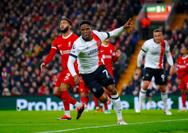 luton-towns-chiedozie-ogbene-celebrates-scoring-their-sides-first-goal-of-the-game-during-the-premier-league-match-at-anfield-liverpool-picture-date-wednesday-february-21-2024