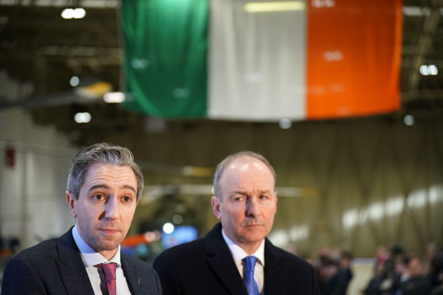 tanaiste-micheal-martin-and-higher-education-minister-simon-harris-announce-the-winners-of-the-first-sfi-defence-organisation-innovation-challenge-at-casement-aerodrom-near-dublin-picture-date-wed