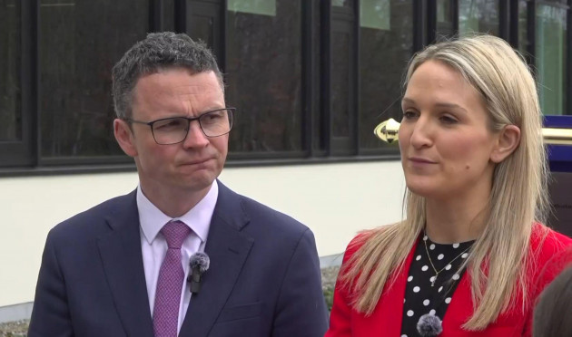 minister-of-state-patrick-odonovan-and-minister-for-justice-helen-mcentee-at-the-backweston-laboratory-campus-in-co-kildare-talking-to-the-media-about-the-fine-gael-leadership-contest-as-mcentee-rule