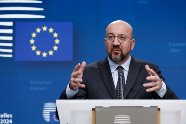 european-council-president-charles-michel-addresses-a-media-conference-at-an-eu-summit-in-brussels-thursday-march-21-2024-european-union-leaders-were-urged-thursday-to-show-the-same-respect-for-in
