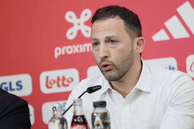louvain-la-neuve-belgium-14th-mar-2024-belgiums-head-coach-domenico-tedesco-pictured-during-a-press-conference-of-belgian-national-soccer-team-red-devils-to-announce-the-selection-for-the-upcomin