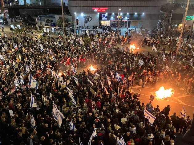tel-aviv-israel-23rd-mar-2024-relatives-and-supporters-of-israeli-hostages-held-by-islamist-hamas-in-the-gaza-strip-block-a-street-during-a-rally-demanding-their-release-they-are-also-protesting