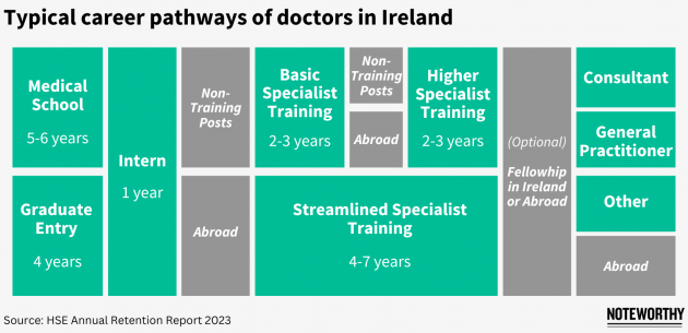 Typical career pathway of doctors in Ireland from medical school to intern to specialist training to consultant, GP or other type of doctor.