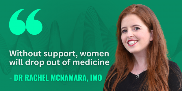 Rachel McNamara wearing a black top with quote: Without support, women will drop out of medicine