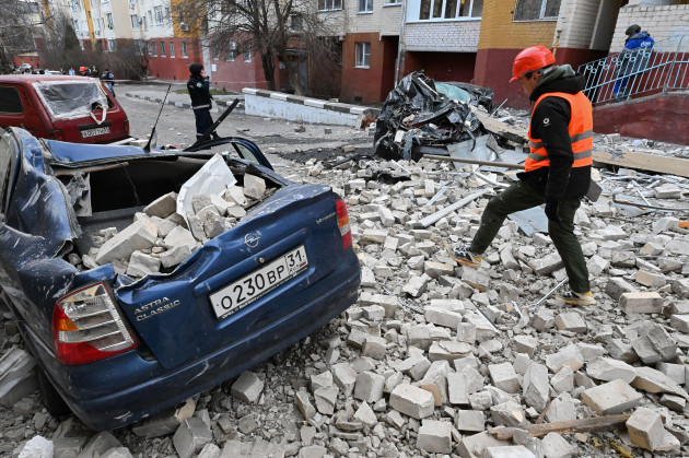 belgorod-russia-24th-mar-2024-the-situation-in-belgorod-during-the-period-of-ensuring-security-measures-and-evacuation-of-residents-genre-photography-broken-bricks-and-a-car-destroyed-after-shel