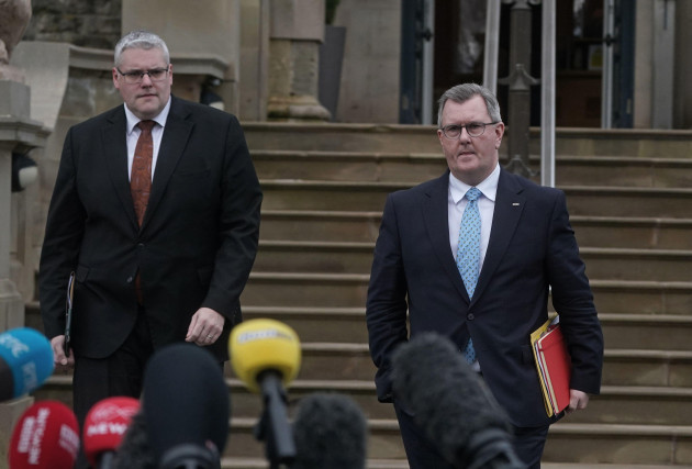 dup-leader-sir-jeffrey-donaldson-right-and-deputy-leader-of-the-dup-gavin-robinson-speak-to-the-media-outside-stormont-castle-belfast-after-political-parties-met-ahead-of-the-return-of-the-northe