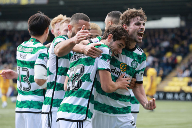 celtics-paulo-bernardo-celebrates-scoring-their-sides-second-goal-of-the-game-with-team-mate-matt-oriley-right-during-the-cinch-premiership-match-at-the-tony-macaroni-arena-livingston-picture-d