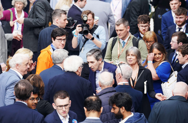 fine-gael-leader-simon-harris-centre-arriving-at-the-82nd-fine-gael-ard-fheis-at-the-university-of-galway-picture-date-saturday-april-6-2024