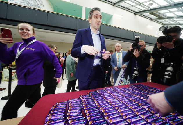 fine-gael-leader-simon-harris-is-given-a-bar-of-chocolate-as-he-arrives-at-the-82nd-fine-gael-ard-fheis-at-the-university-of-galway-picture-date-saturday-april-6-2024