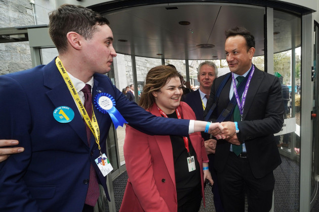 taoiseach-leo-varadkar-right-arrives-at-the-82nd-fine-gael-ard-fheis-at-the-university-of-galway-picture-date-saturday-april-6-2024