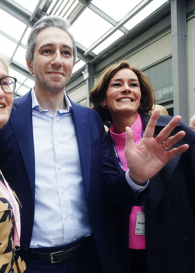 fine-gael-leader-simon-harris-with-former-td-kate-oconnell-right-as-he-arrives-at-the-82nd-fine-gael-ard-fheis-at-the-university-of-galway-picture-date-saturday-april-6-2024