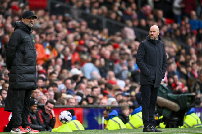 manchester-uk-07th-apr-2024-manchester-england-apr-7th-2024-liverpool-manager-jurgen-klopp-and-manchester-united-manager-erik-ten-hag-during-the-premier-league-football-match-between-manchester