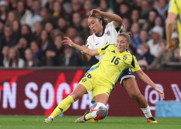 london-uk-5th-apr-2024-filippa-angeldal-of-sweden-and-lauren-james-of-england-challenge-for-the-ball-during-the-uefa-womens-european-qualifier-match-at-wembley-stadium-london-picture-paul-terr