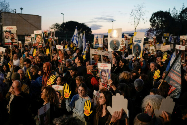 demonstrators-call-for-the-release-of-hostages-held-in-the-gaza-strip-by-the-hamas-militant-group-during-a-rally-marking-six-months-to-the-war-outside-the-knesset-israels-parliament-in-jerusalem