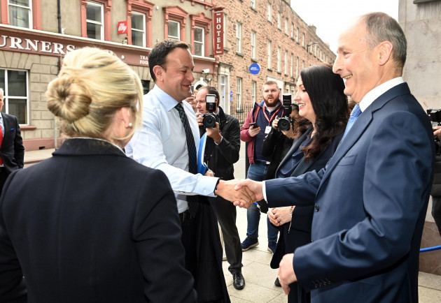 taoiseach-leo-varadkar-centre-is-greeted-by-deputy-first-minister-emma-little-pengelly-first-minister-michelle-oneill-left-and-tanaiste-micheal-martin-right-as-he-arrives-to-attend-a-meeting-o