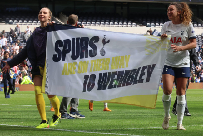 london-uk-14th-apr-2024-london-england-spurs-with-banner-after-the-adobe-womens-fa-cup-semi-final-soccer-match-between-tottenham-hotspur-women-and-leicester-city-women-at-tottenham-stadium-in