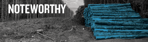 Design for Wasted Wetlands: felled tree trunks are stacked on a forest access route. The stacked, felled timber is in blue on the right. The rest of the image is gray and consists of a dense plantation of pine, through which a road of felled trees has been cut. The ground is covered in bits of pine tree and tree stumps. The word Noteworthy appears in the top left corner.