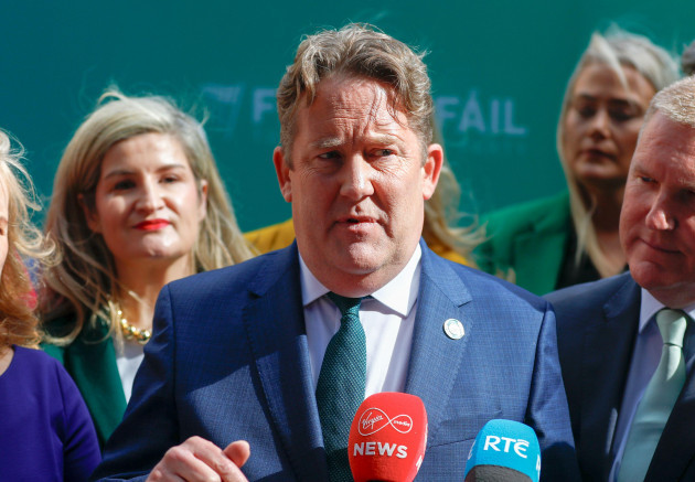 minister-for-housing-darragh-obrien-speaks-to-the-media-at-the-fianna-fail-ard-fheis-at-the-dublin-royal-convention-centre-picture-date-saturday-april-13-2024