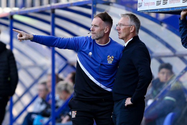 birkenhead-uk-23rd-sep-2023-joe-murphy-the-goalkeeper-of-tranmere-rovers-l-discusses-tactics-with-nigel-adkins-the-manager-of-tranmere-rovers-efl-skybet-football-league-two-match-tranmere-ro