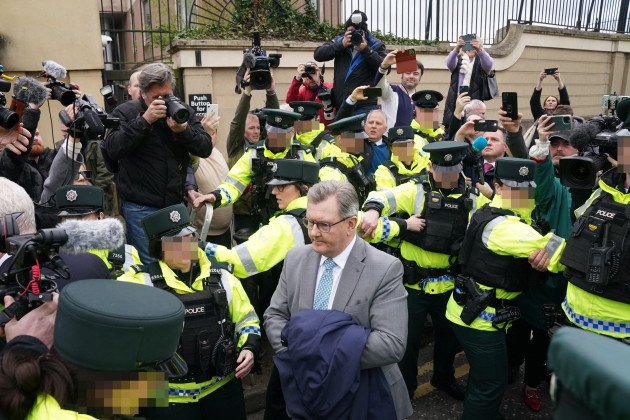 editors-note-image-pixellated-by-the-pa-picture-desk-for-the-protection-of-officers-of-the-psni-former-dup-leader-sir-jeffrey-donaldson-leaving-newry-magistrates-court-after-he-was-released-on-conti