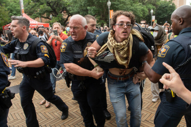 university-of-texas-police-arrest-event-organizer-ammer-qaddumi-during-a-demonstration-in-support-of-palestine-on-april-24-2024-in-austin-texas