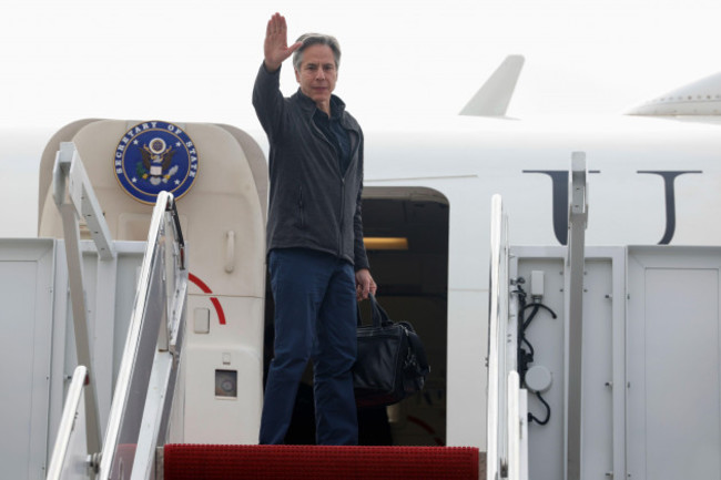 u-s-secretary-of-state-antony-blinken-gestures-as-he-departs-for-saudi-arabia-in-the-latest-gaza-diplomacy-push-at-joint-base-andrews-md-saturday-april-28-2024-evelyn-hocksteinpool-photo-via