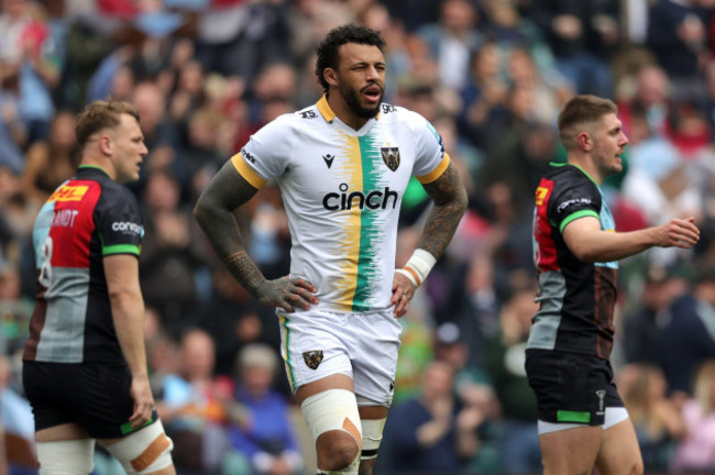 northampton-saints-courtney-lawes-reacts-after-harlequins-luke-northmore-right-scored-a-try-during-the-gallagher-premiership-match-at-twickenham-stadium-london-picture-date-saturday-april-27-2