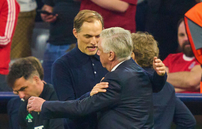 munich-germany-30th-apr-2024-carlo-ancelotti-trainer-real-madrid-trainer-thomas-tuchel-fcb-team-manager-headcoach-coach-in-the-semi-final-match-fc-bayern-muenchen-real-madrid-of-football