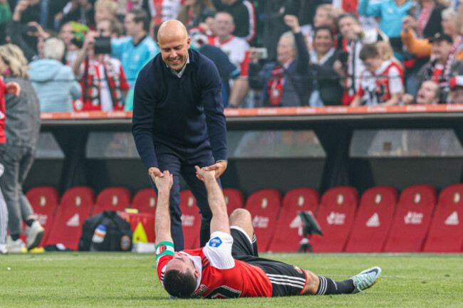 rotterdam-netherlands-14th-may-2023-rotterdam-netherlands-may-14-head-coach-arne-slot-of-feyenoord-orkun-kokcu-of-feyenoord-celebrate-after-winning-the-dutch-eredivisie-during-the-dutch-eredi