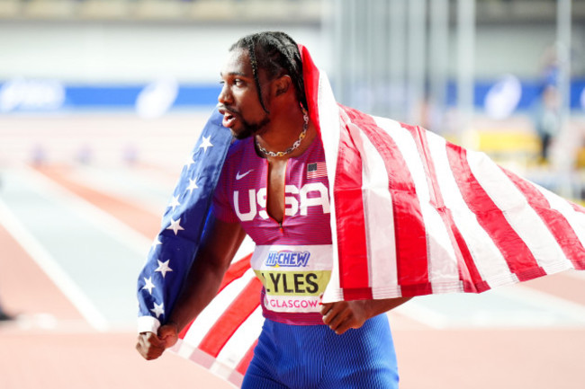 usas-noah-lyles-celebrates-winning-silver-in-the-mens-60-metres-final-during-day-one-of-the-world-indoor-athletics-championships-at-the-emirates-arena-glasgow-picture-date-friday-march-1-2024