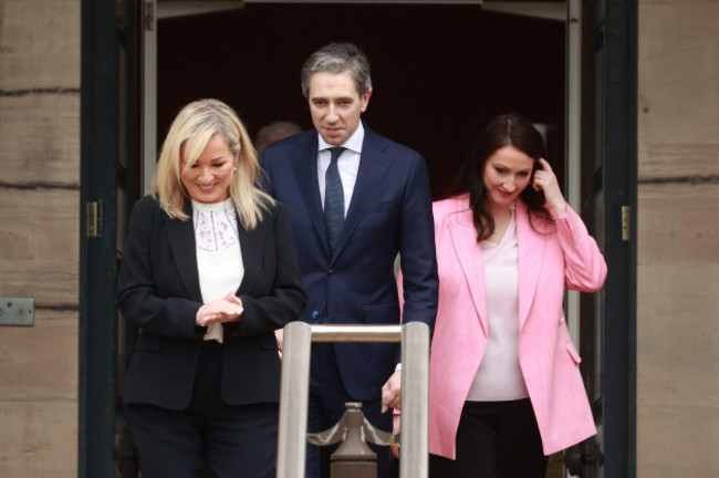 taoiseach-simon-harris-with-first-minister-michelle-oneill-and-deputy-first-minister-emma-little-pengelly-leaving-stormont-castle-after-a-meeting-as-he-makes-his-first-official-visit-to-northern-ire
