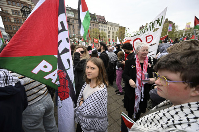 climate-activist-greta-thunberg-takes-part-in-a-stop-israel-demonstration-between-stortorget-and-molleplatsen-in-malmo-sweden-thursday-may-9-2024-there-have-been-calls-for-israel-to-be-excluded