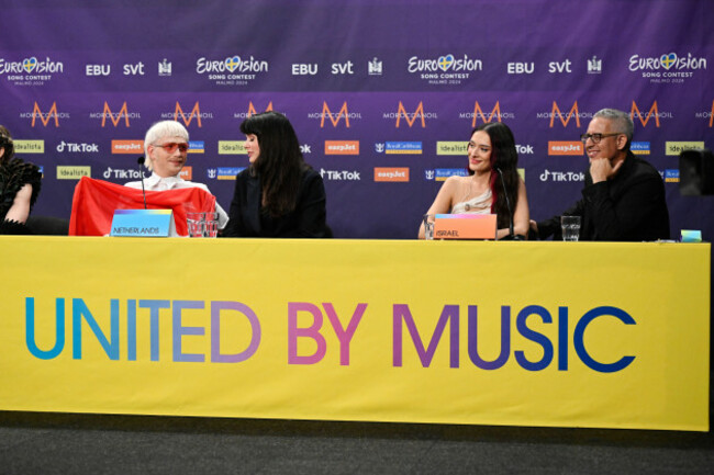 joost-klein-representing-the-netherlands-with-the-song-europapa-and-eden-golan-representing-israel-with-the-song-hurricane-during-a-press-meeting-with-the-entries-that-advanced-to-the-final-after