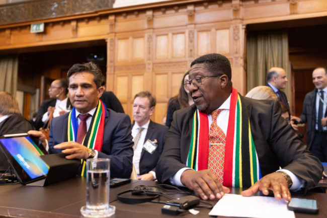 the-hague-netherlands-16th-may-2024-south-africas-ambassador-to-the-netherlands-vusimuzi-madonsela-r-is-seen-during-a-hearing-of-the-international-court-of-justice-icj-at-the-peace-palace-in