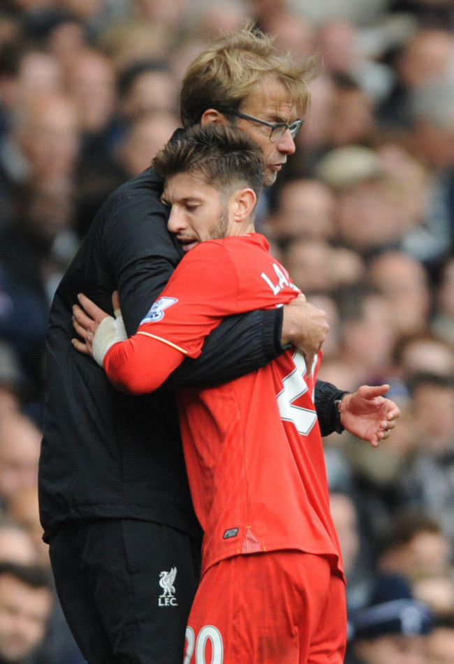 liverpool-manager-juergen-klopp-embraces-liverpools-adam-lallana-right-during-the-english-premier-league-soccer-match-between-tottenham-hotspur-and-liverpool-at-the-white-hart-lane-london-england