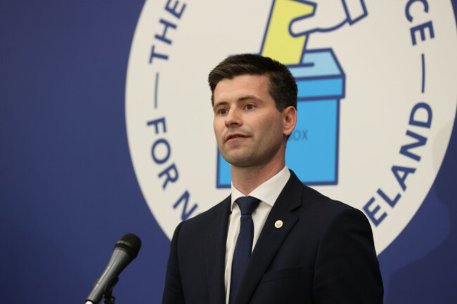 dups-jonathan-buckley-giving-his-acceptance-speech-after-being-returned-as-an-mla-at-the-northern-ireland-assembly-election-count-centre-at-meadowbank-sports-arena-in-magherafelt-in-co-county-londond
