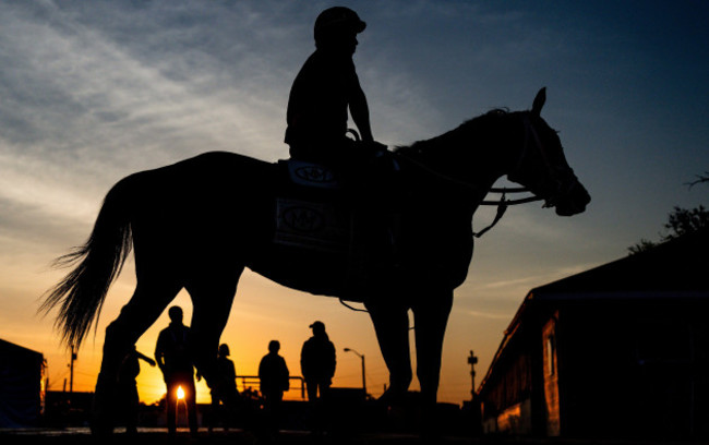 louisville-usa-28th-apr-2024-april-28-2024-louisville-ky-usa-a-horse-comes-off-the-racetrack-at-sunrise-as-horses-exercise-in-preparation-for-the-upcoming-150th-running-of-the-kentucky-derby