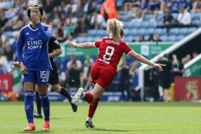 leicester-uk-18th-may-2024-leicester-england-may-18th-2024-leanne-kiernan-9-liverpool-celebrates-her-goal-during-the-barclays-fa-womens-super-league-game-between-leicester-city-and-liverpool
