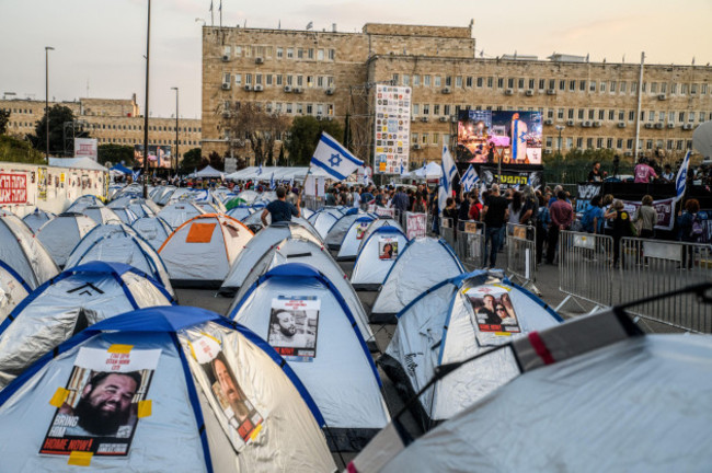 over-400-tents-were-set-on-the-road-leading-to-the-israeli-knesset-carrying-the-photos-of-the-israeli-hostages-in-hamas-captivity-thousands-of-israelis-gathered-around-the-knesset-to-protest-against