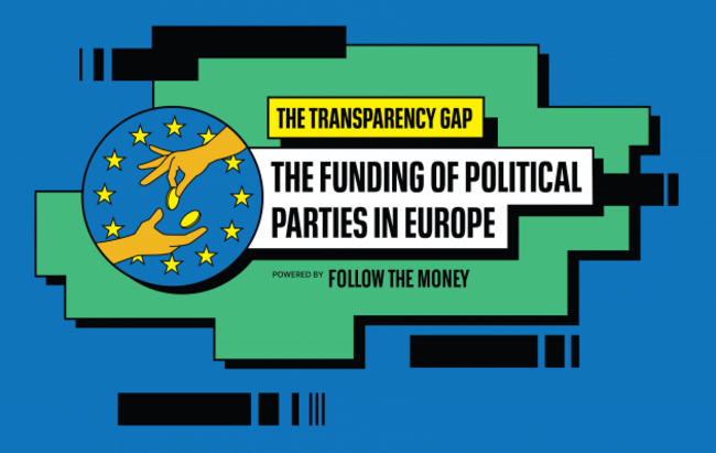 Cartoon of a hand putting coins in another hand with headline - The Transparency Gap - The Funding of Political Parties in Europe - Powered by Follow the Money.