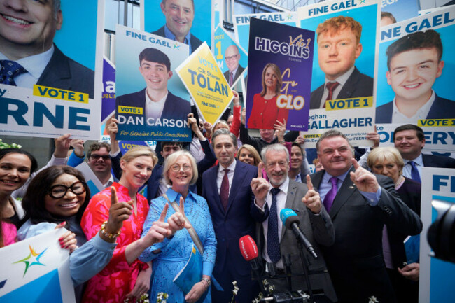 taoiseach-and-fine-gael-leader-simon-harris-centre-poses-with-european-local-election-candidates-following-a-launch-event-for-his-partys-european-and-local-election-manifestos-in-dublin-picture-da